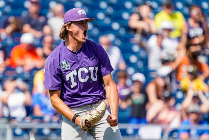 TCU Horned Frogs pitcher Ben Abeldt (46) celebrates after defeating the Virginia Cavaliers at Charles Schwab Field Omaha.